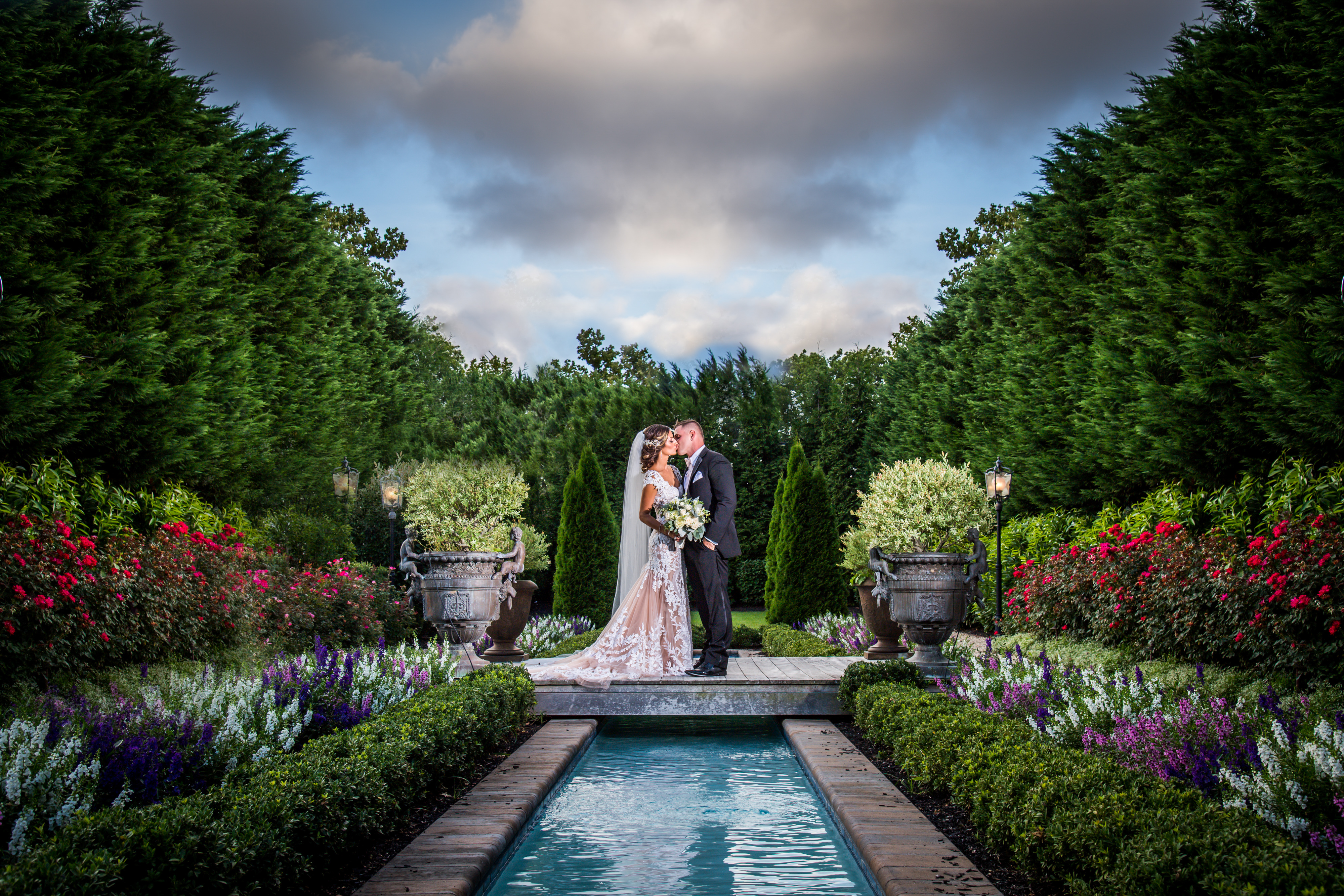 Bride and Groom Outside in the Gardens at Larkfield Manor | Lotus Wedding Photography
